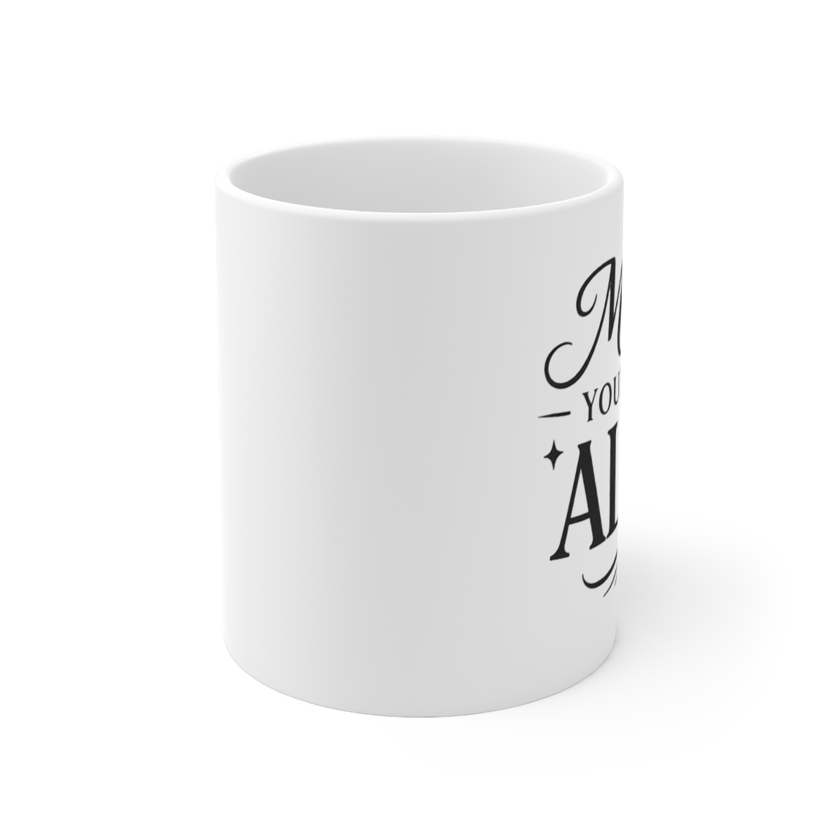 White ceramic mug with the text "Mind Your Own Alibi" in black script. The mug is filled with a dark liquid and has a curved handle. The mug is on a light grey surface - alternate angle 1, merchandise
