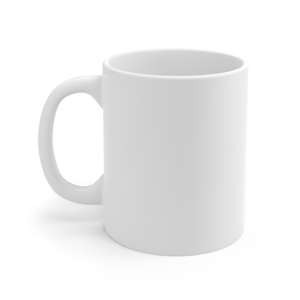 White ceramic mug with the text "Mind Your Own Alibi" in black script. The mug is filled with a dark liquid and has a curved handle. The mug is on a light grey surface - alternate angle 2, merchandise